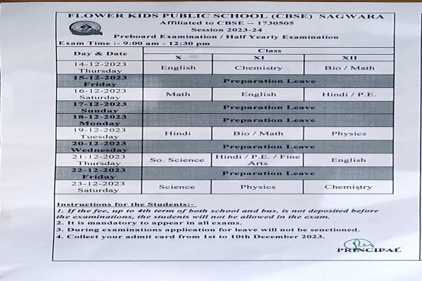 HALF YAEARLY & PRE-BOARD EXAMINATION TIME TABLE